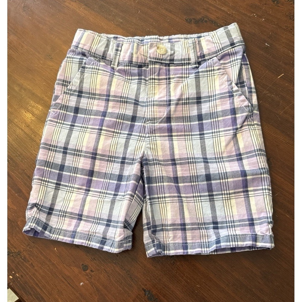 Gymboree Boys Plaid Purple Gray White Shorts Adj Waist Pockets Belt Loop Sz‎ 7